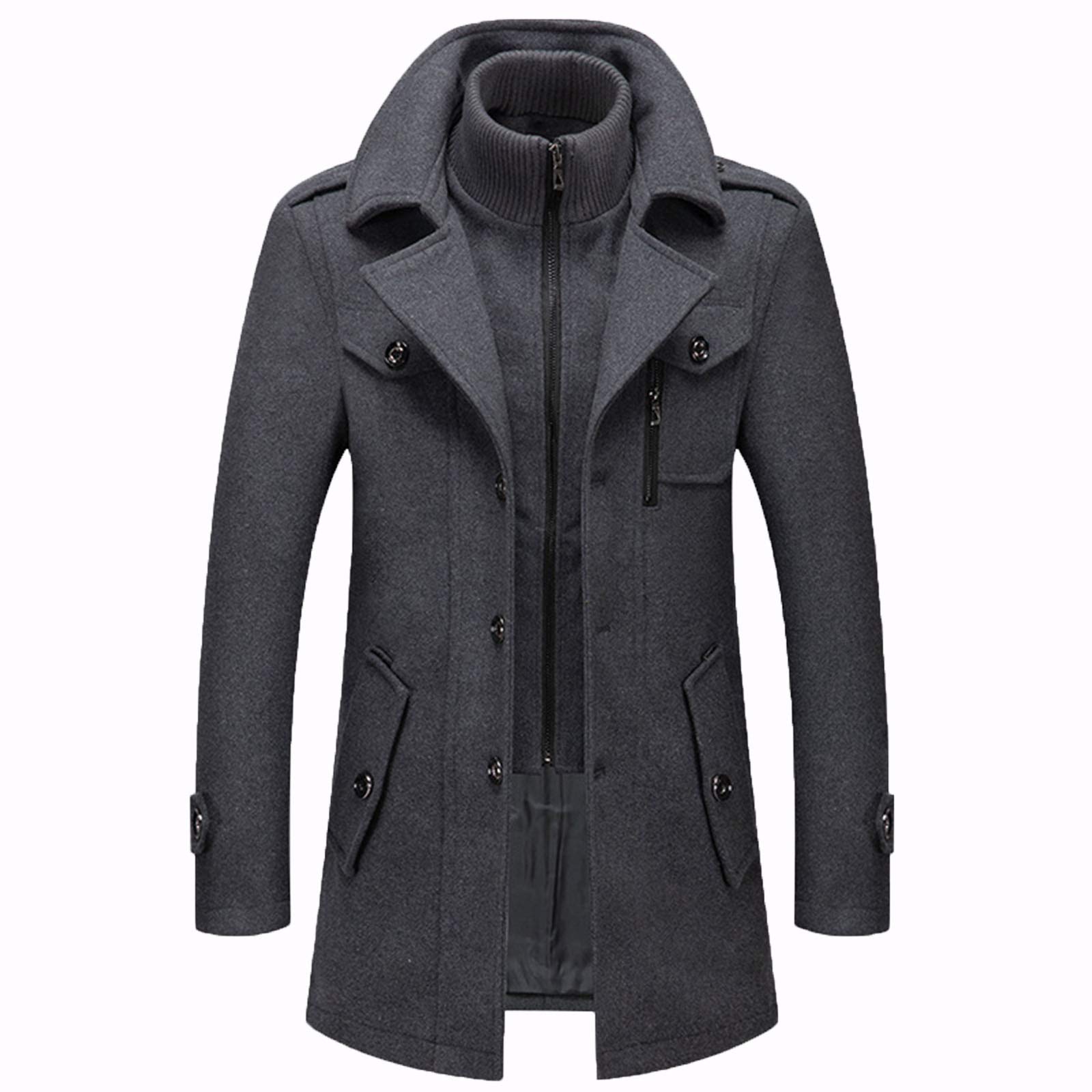 Männer Warmer Wollmantel, abnehmbare Doppelkragen Erbsen-Mäntel Casual Winter Business Slim Fit Jacke Plus Baumwollfutter Dicker Abzug im Freien Winddichte Mantel im
