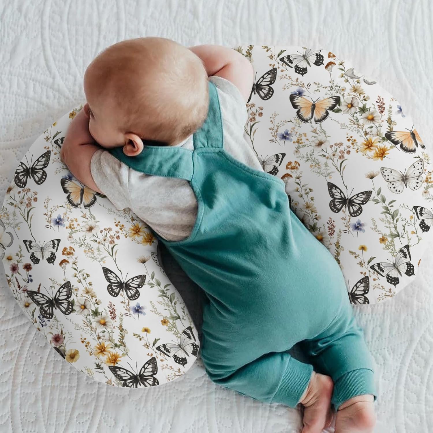 Boho Floral Butterflies Nursing Pillow Covers for Boy Girl Vintage Wildflowers Leaves Nursery Feeding Pillowcase for Breastfeeding Pillows Retro Spring Summer Soft Stretchy Cover for Newborn Infant