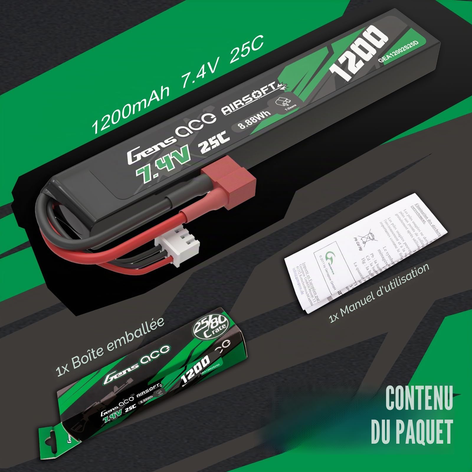 Gens Ace 2S 7,4V 1200mAh 25C Batterie LiPo avec Connecteur T-Plug (Deans), Batterie Rechargeable pour Modélisme et Loisirs, Format Stick Ultra-Mince