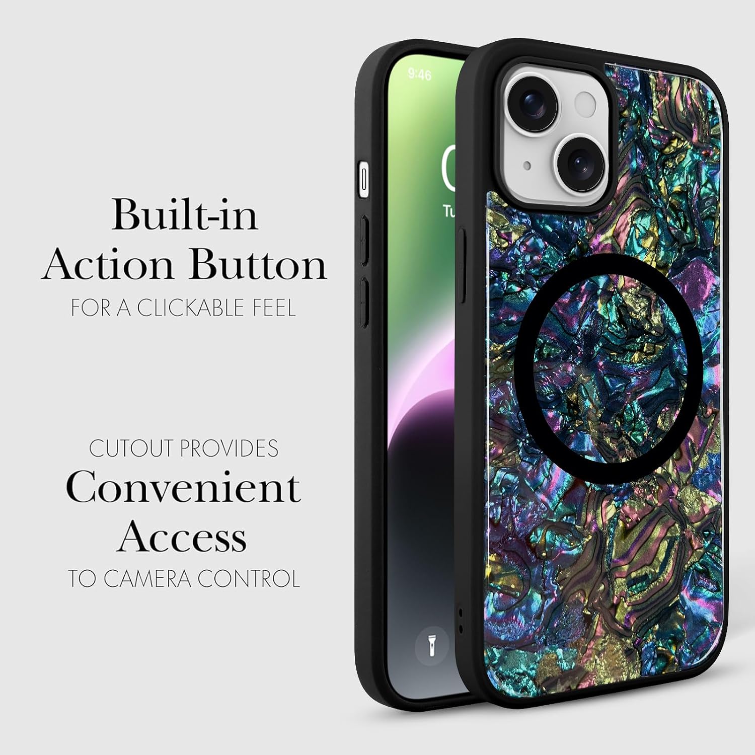 Magnetic for iPhone 14 Case, Luxury Colorful Abalone Shell Phone Case for Women Men, Compatible with MagSafe, Cute Sparkle Glossy Shockproof Protective Cover, Classic Black