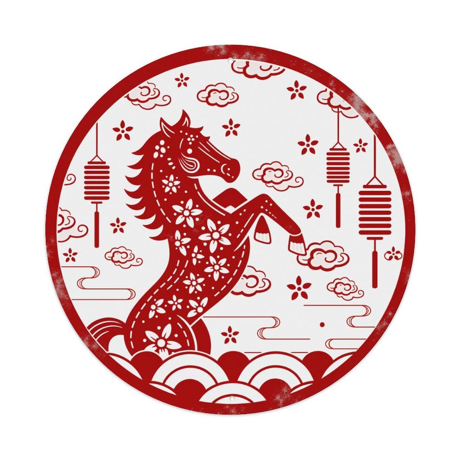Wmlzdnwr Vintage Red Horse With Flowers Clouds And Lanterns Round Tin Sign,Retro Wall Art,Metal Poster For Home, Bar, Garage, Cafe, Rustic Indoor & Outdoor Decor, 8X8 Inches