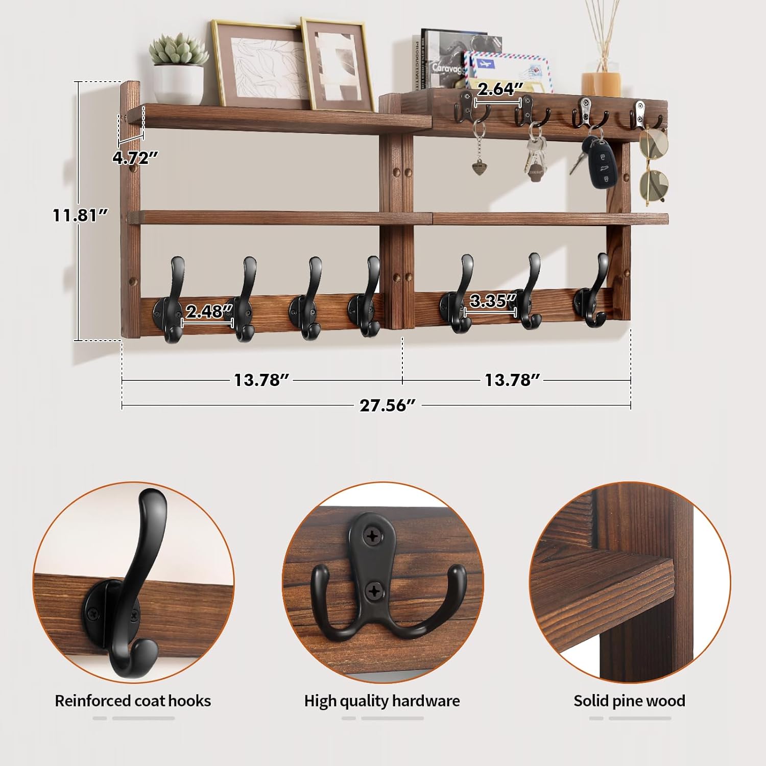 Coat Rack Wall Mount with Shelf, Pine Two-Tier Wall Shelf Mounted Coat and Key Hanger with 7 Heavy Duty Hooks 4 Key Hooks, Entryway Key Holder with Mail Holder for Bedroom,Living Room (Brown)