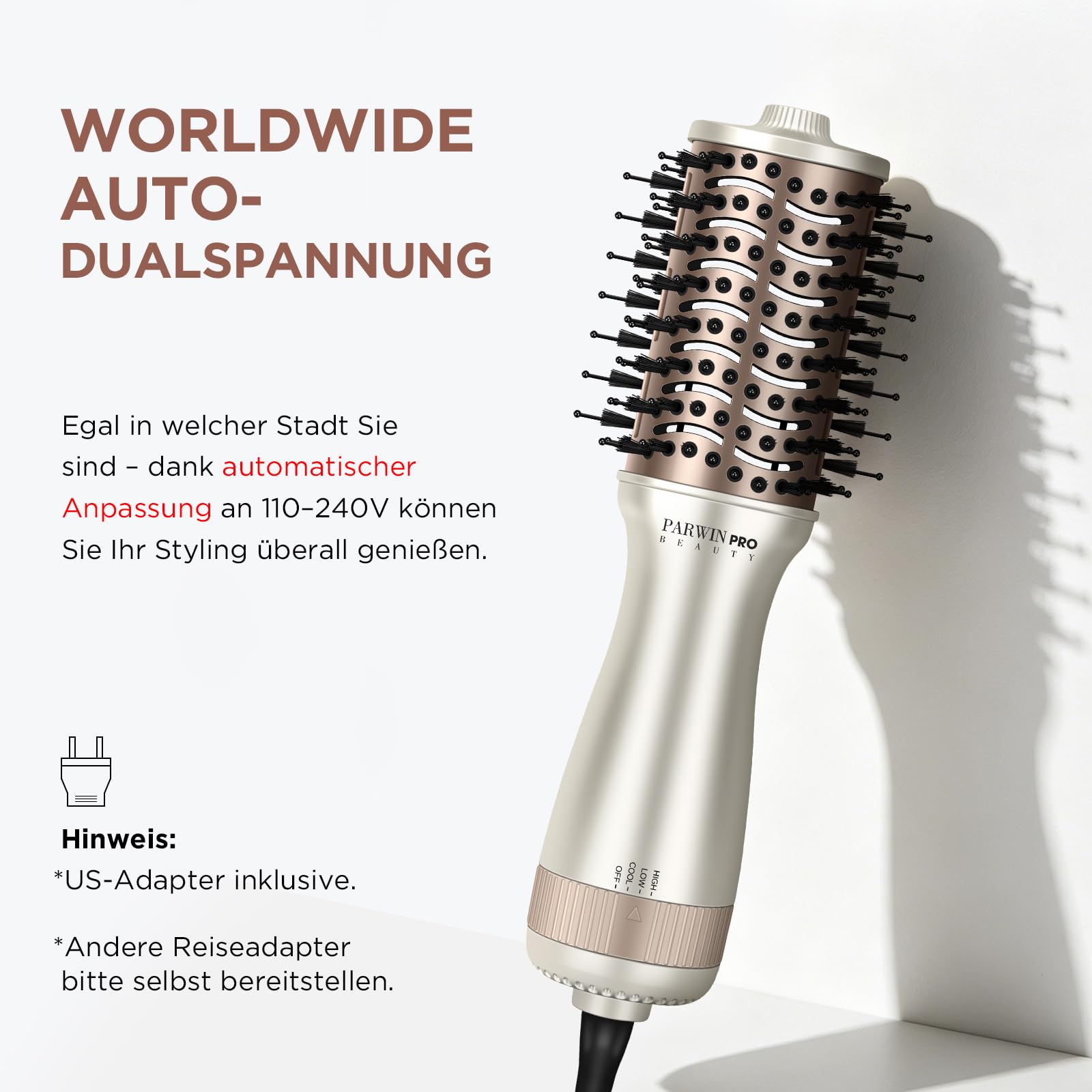 PARWIN PRO BEAUTY Mini szczotka podróżna do gorącego powietrza, owalna szczotka z podwójnym napięciem, automatyczna, 110-240 V, bez ręcznej zmiany, technologia jonowa, 3 temperatury, wtyczka EU i