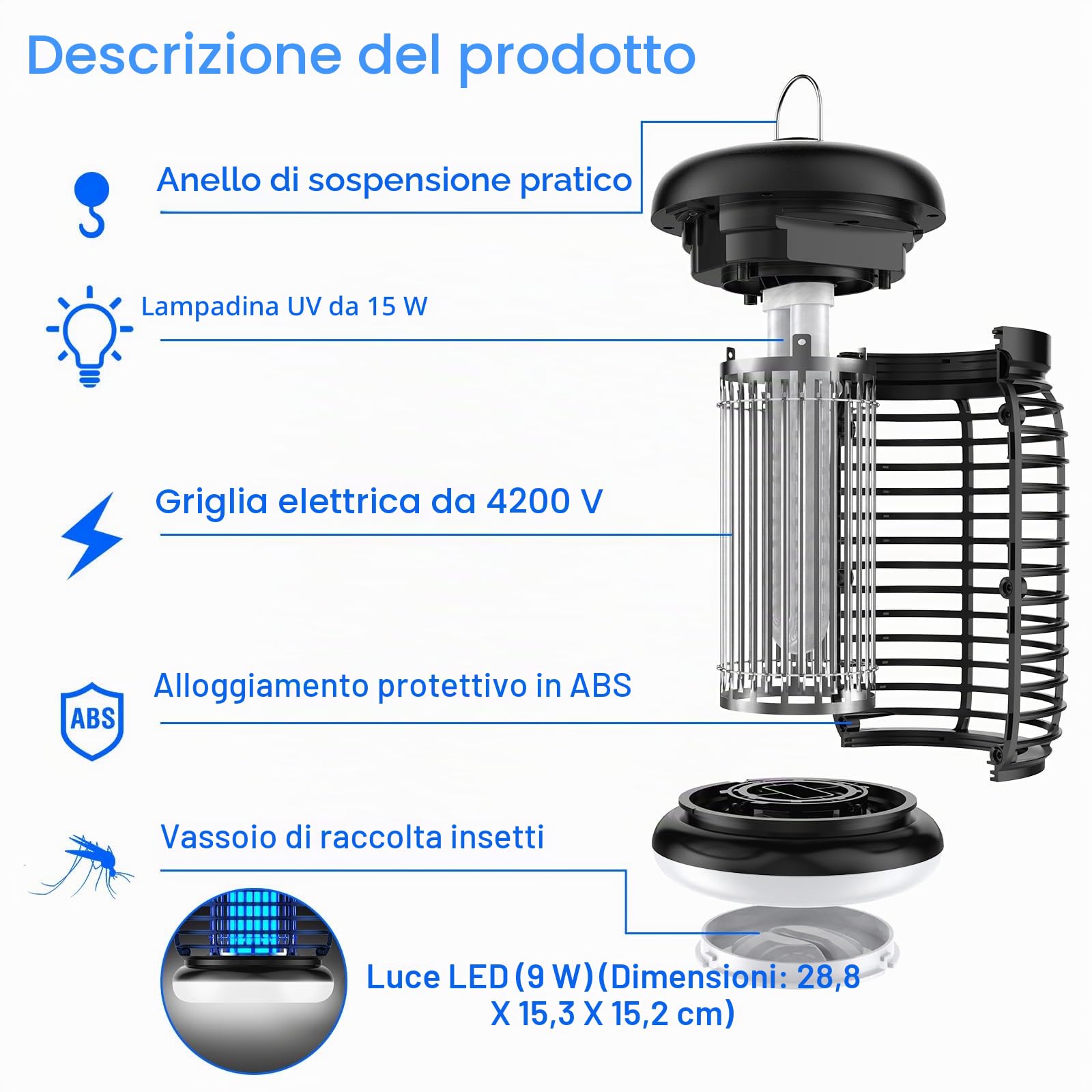 lampada antizanzare elettrica Cable de 3m, 4200V 15W UV Zanzariera Elettrica con 9W Led lampada, Alto-efficiente, Non tossico e inodore, IPX4, lampada zanzare per interni ed esterni
