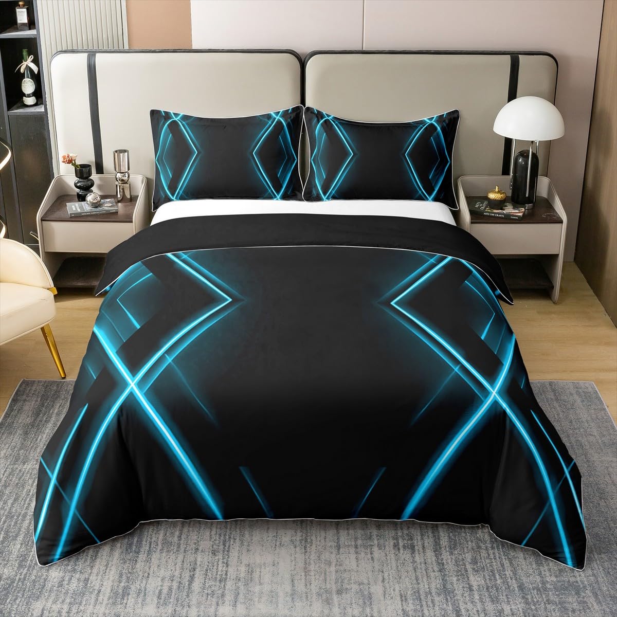 Housse de Couette 140x200cm en coton bleu noir géométrique pour lit enfant