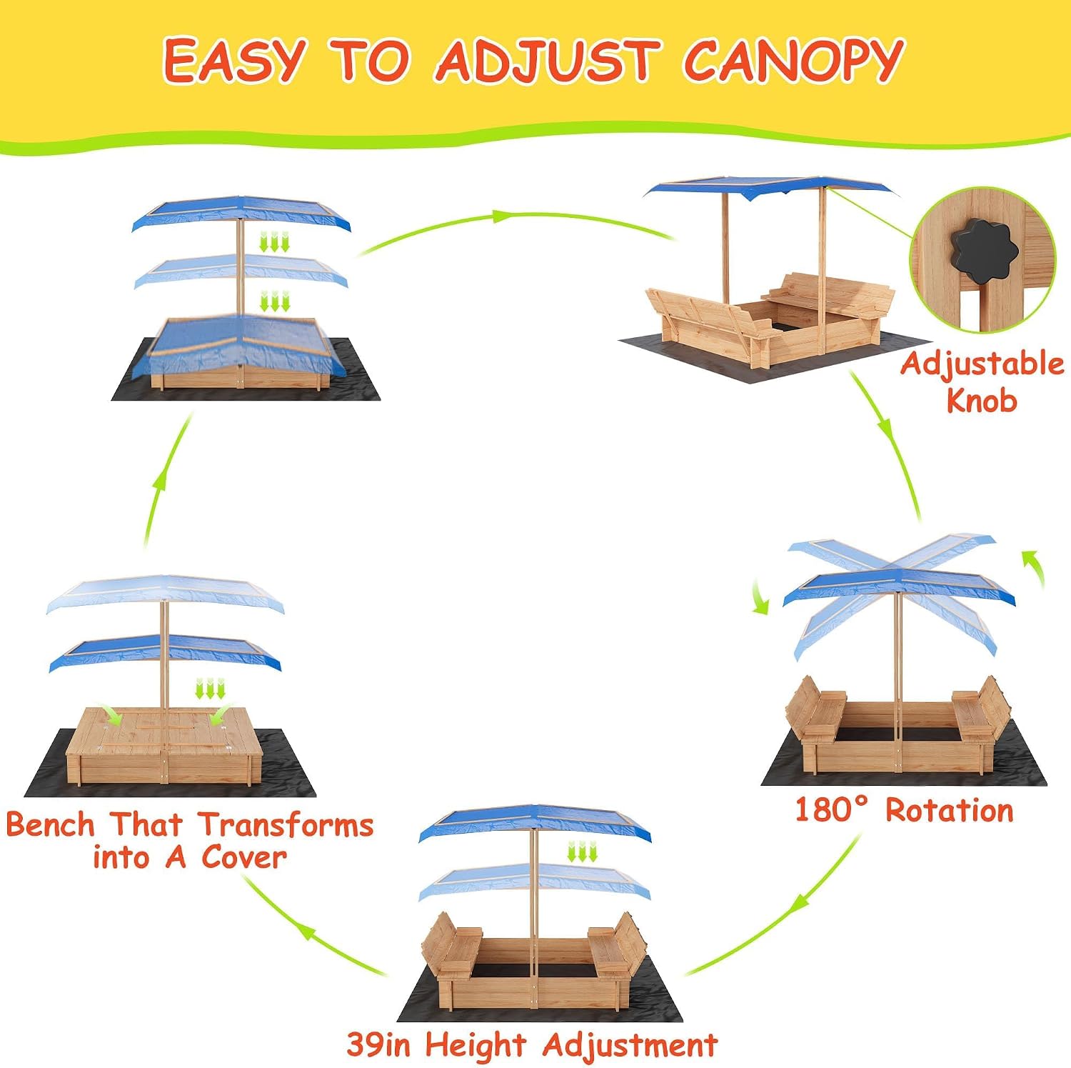 Sandbox with Cover/Lid & Retractable Canopy, Wooden Sand Box with Foldable Bench Seats and Bottom Liner for Kids/Toddlers/Children, Sand Pit for Beach/Backyard/Patio Outdoor Play