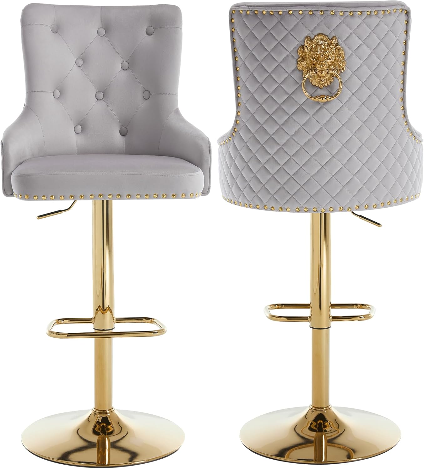 Gold Barstools Set of 2,Velvet Swivel Bar Height Stools with Lion Pull Ring,Upholstered Counter Height Stools with High Tufted Back,Modern Adjustable Bar Chairs for Kitchen Island/Cafe, Grey
