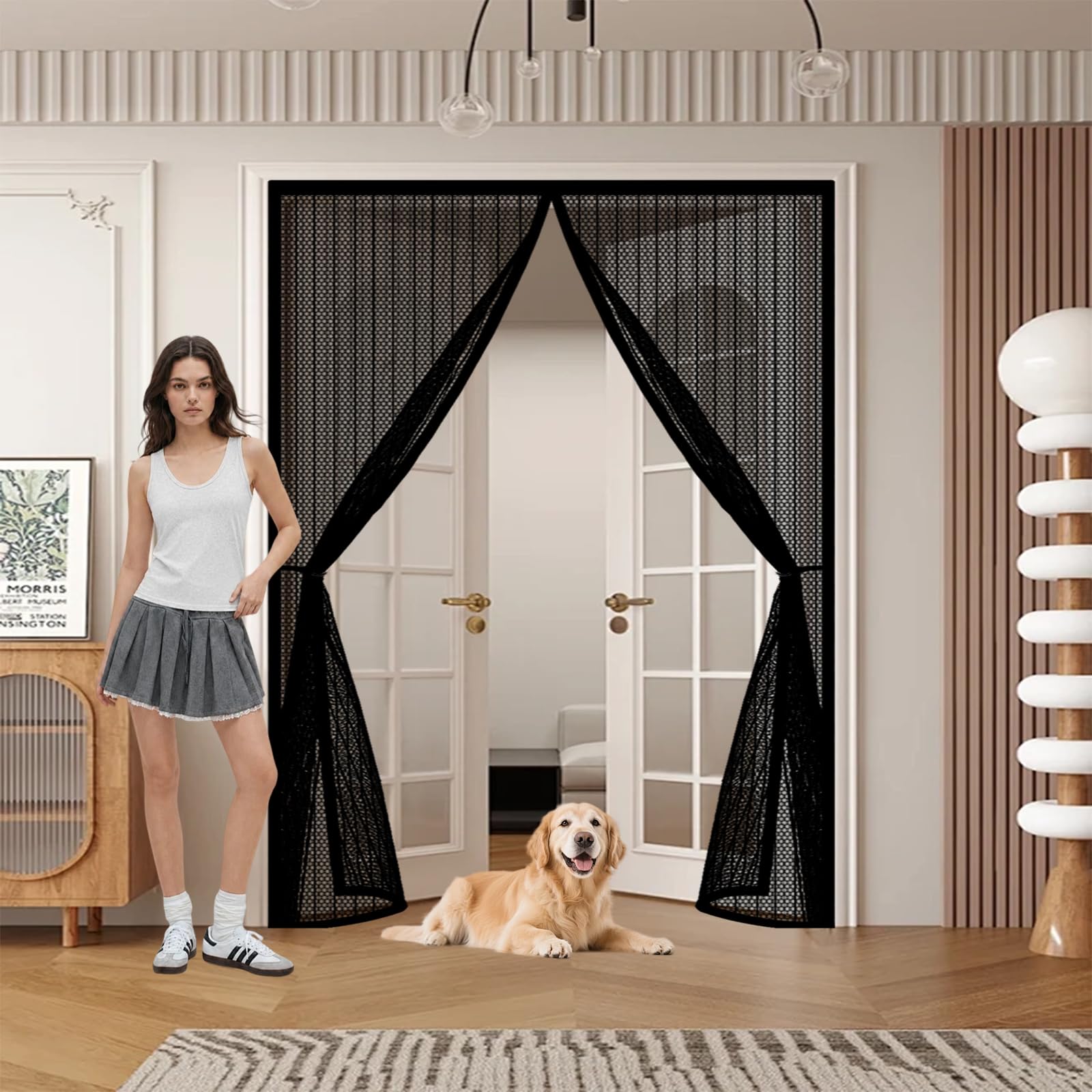 Qenhyun Black Mesh Curtain 59 X 280 Cm Keep Bugs Out, Full Frame Magic Tape, Powerful Magnets, Self Sealing, No Drill Installation, Door Curtain Fly Screen For Balcony Bedroom Doors,