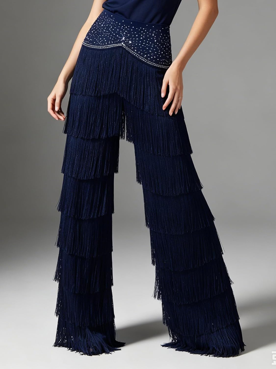 Loyan Women Layered Tassel Latin Salsa Practice Performance Trousers Elastic Waist Dance Pants for Competition Shows