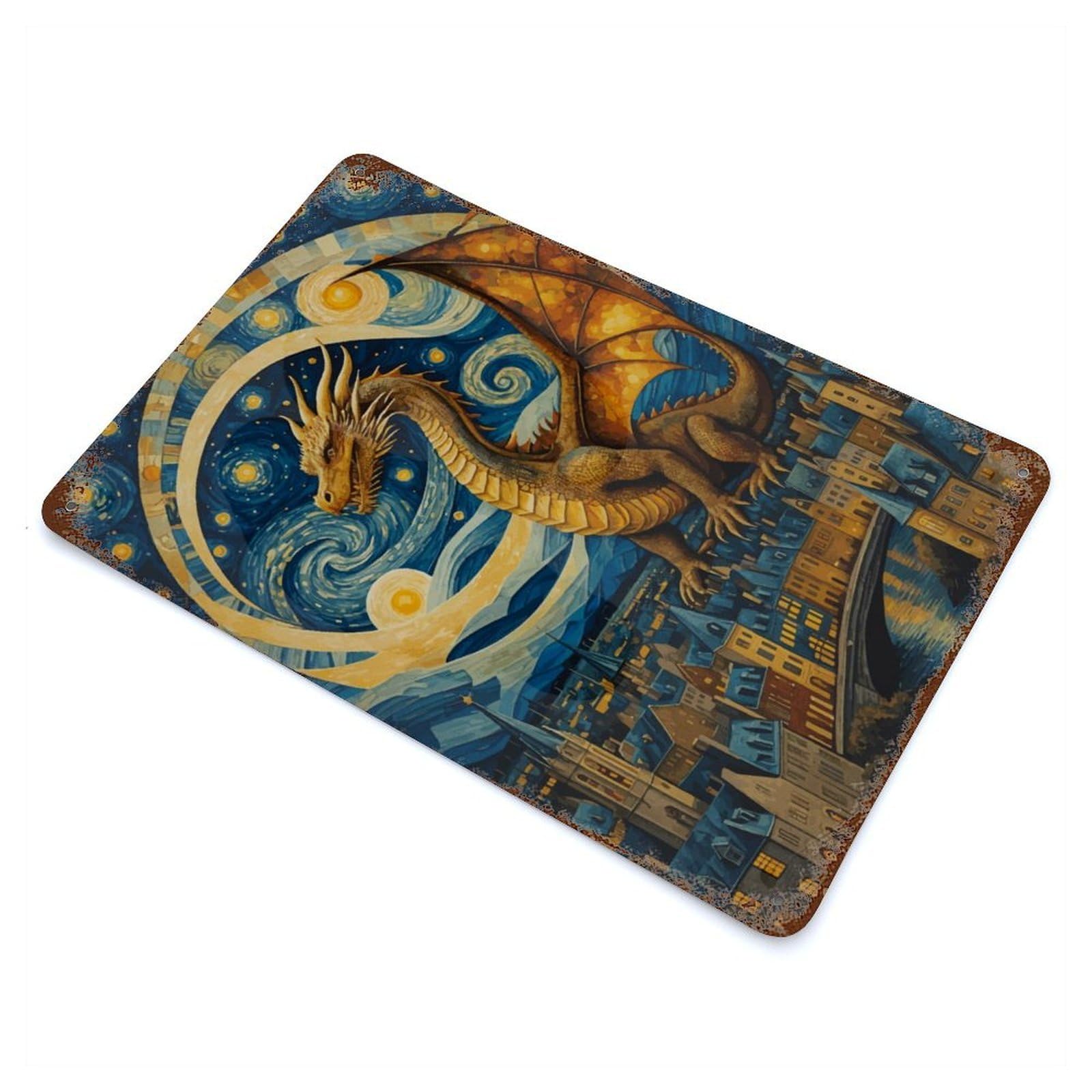 Dragon Over Cityscape Rust Effect Tin Sign 11.8"x7.9", Ideal for Farmhouse, Kitchen And Entryway Decor