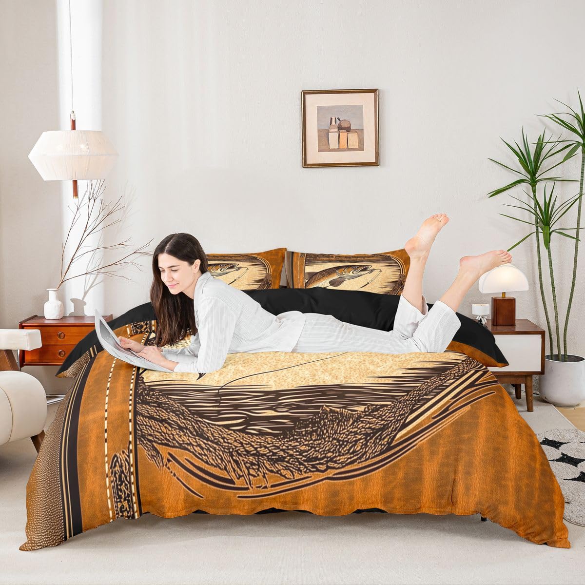 Loussiesd Set di biancheria da letto con copripiumino super king size, motivo pesce basso, caccia e pesca, per ragazzi e ragazze, set di biancheria da letto da 3 pezzi, decorazione per la stanza