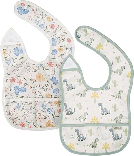 Miniatura 12 de haakaa Waterproof Baby Bibs for Eating, Soft & Lightweight Toddler Bibs with Food Pocket, Easy Wipe Clean, Ages 6–24M, 2 Pack Dino Land + Días a