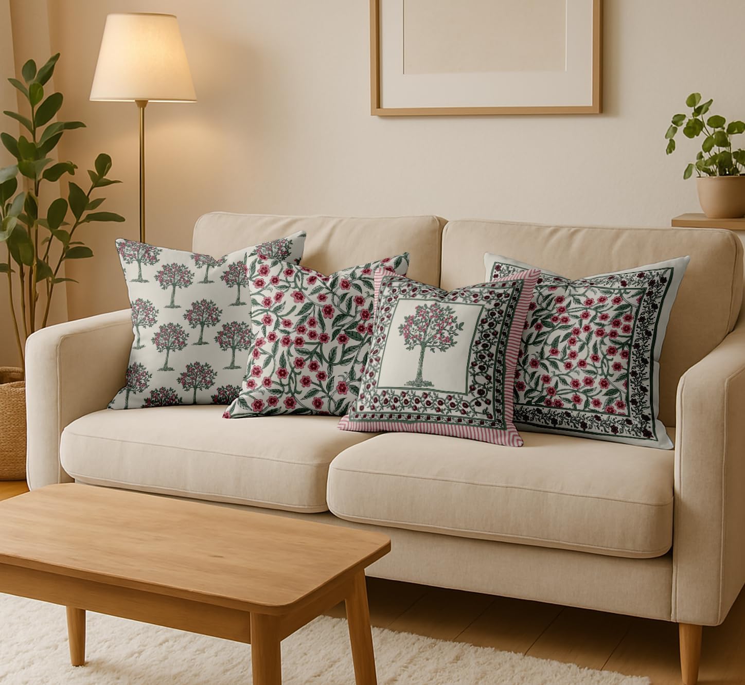 16x16, Cotton Cushion Covers Set of 4 Printed Throw Pillow Covers with Hidden Zip, Double Sided Design - Pink, Block Design