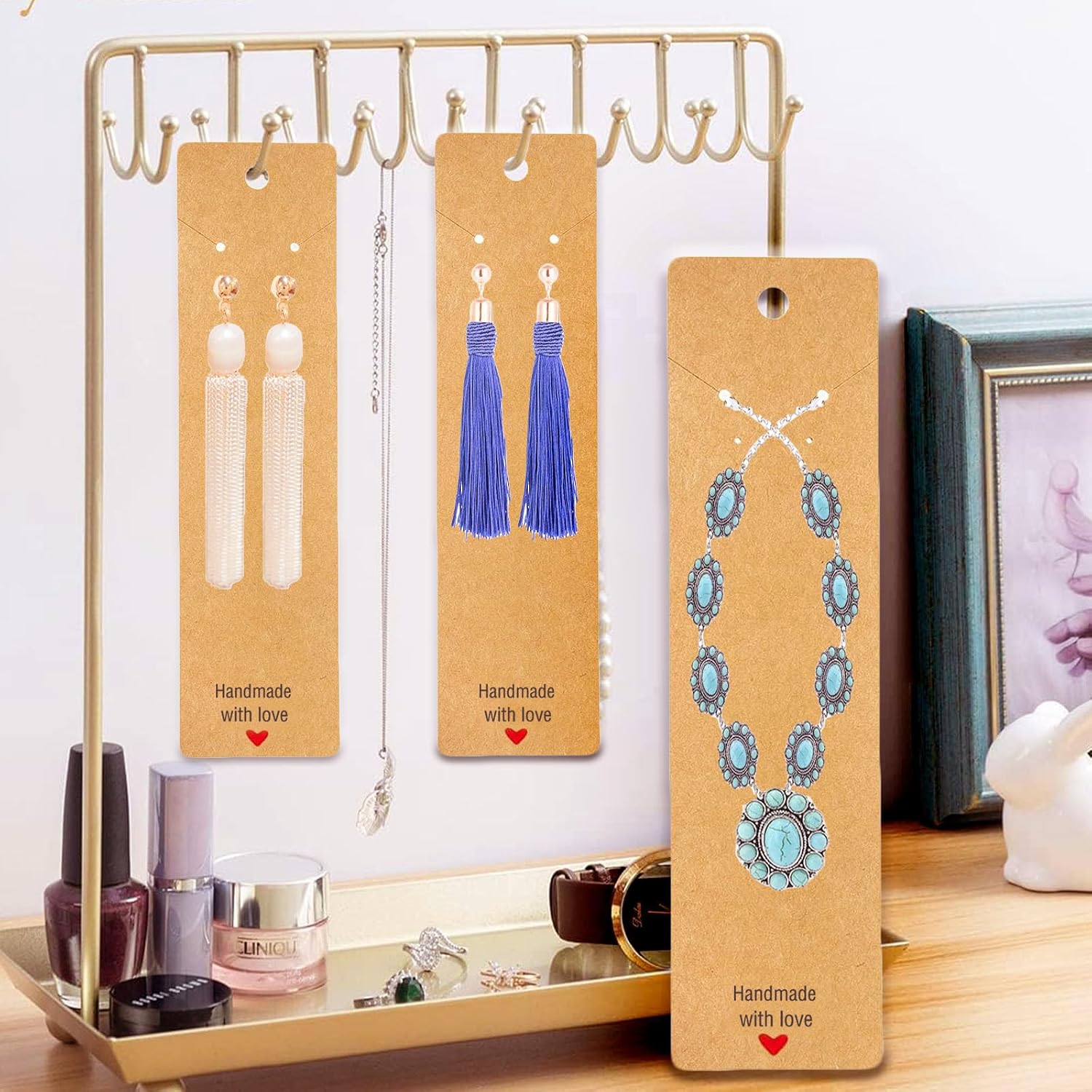 100PCS Necklace Display Cards, 2.16'' x 8.27'' Long Jewelry Holder Cards,Handmade with Love Earring Cards Hanging Tags, Earring Necklace Holders for Selling, Jewelry, Business (Brown)