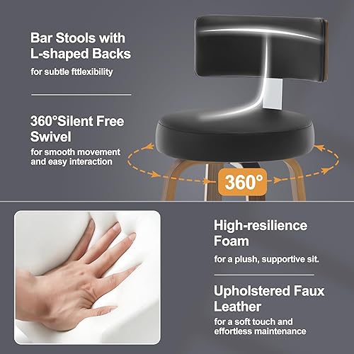 Miniatura 4 de Bekrvio Swivel Counter Height Bar Stools Set of 3, Faux Leather Kitchen Stools Upholstered Barstools with Back, Walnut Wood Legs, Mid Century Island