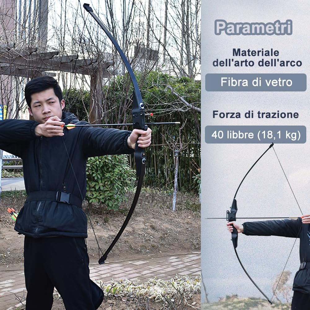 Arco e Freccia per Adulti, Set Arco e Freccia da Caccia per Principianti e Adolescenti, Arco da Tiro con Frecce e Bersaglio, Srco da Tiro All'aperto per Esercitazioni di Tiro