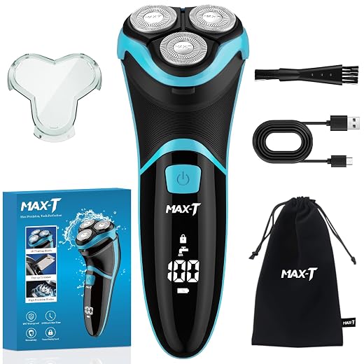 MAX-T Electric Razor for Men with Pop-Up Trimmer, IPX7 Waterproof Electric Shaver, 3D Rotary Shaver, Rechargeable Cordless Shavers for Men, Type-C, 120Mins Runtime, Plug & Play