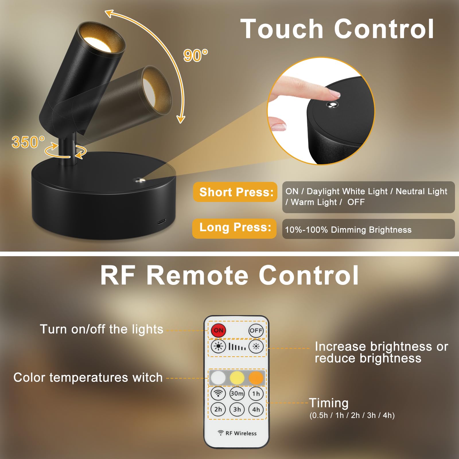 Kimjo Spot Lights Indoor, Wireless LED Spotlight, Uplighting Indoor with Remote and Dimmable, Accent Lighting for Plants, Picture, Battery Operated Wall Light