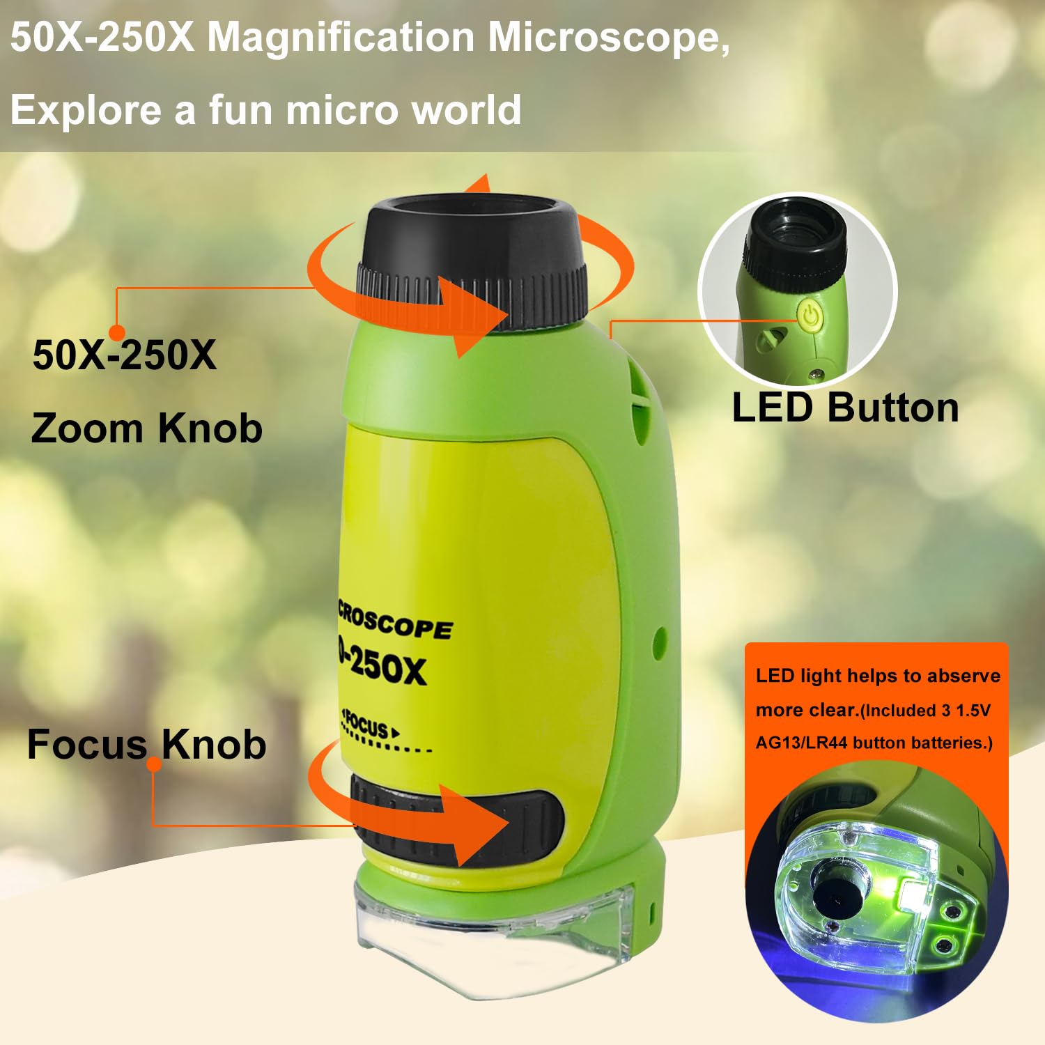 50X-250X Mini Microscope de Poche, Microscope pour Adultes Enfant, avec Adaptateur téléphonique, Pince à épiler (Vert&Jaune)