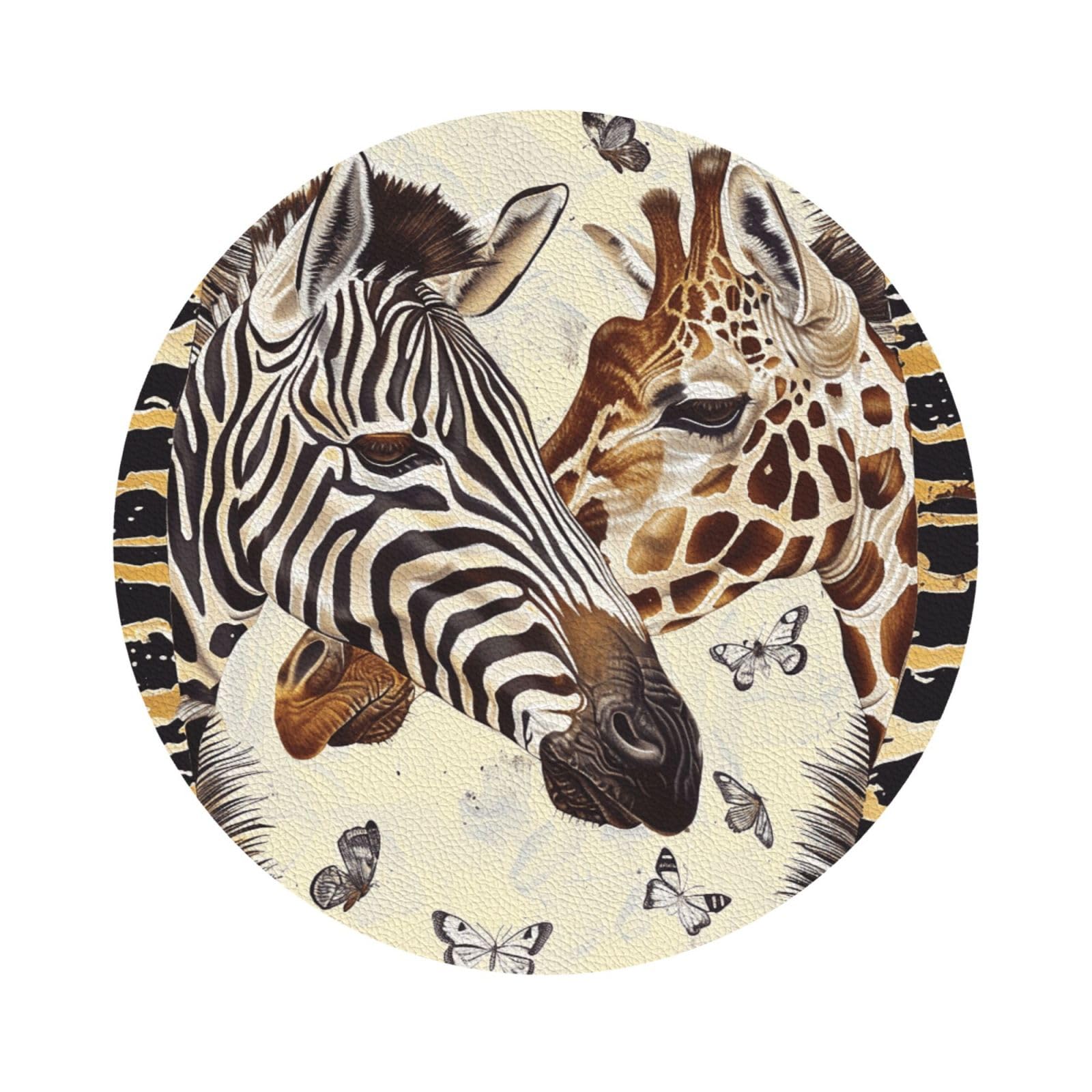 Zebra and Giraffe Print Leather Coaster Set of 6, Round Shape Coasters Table Decorative Coffee Cup Beverage Coasters Wine Beer Bar Coasters for Hot Drinks Table Protection