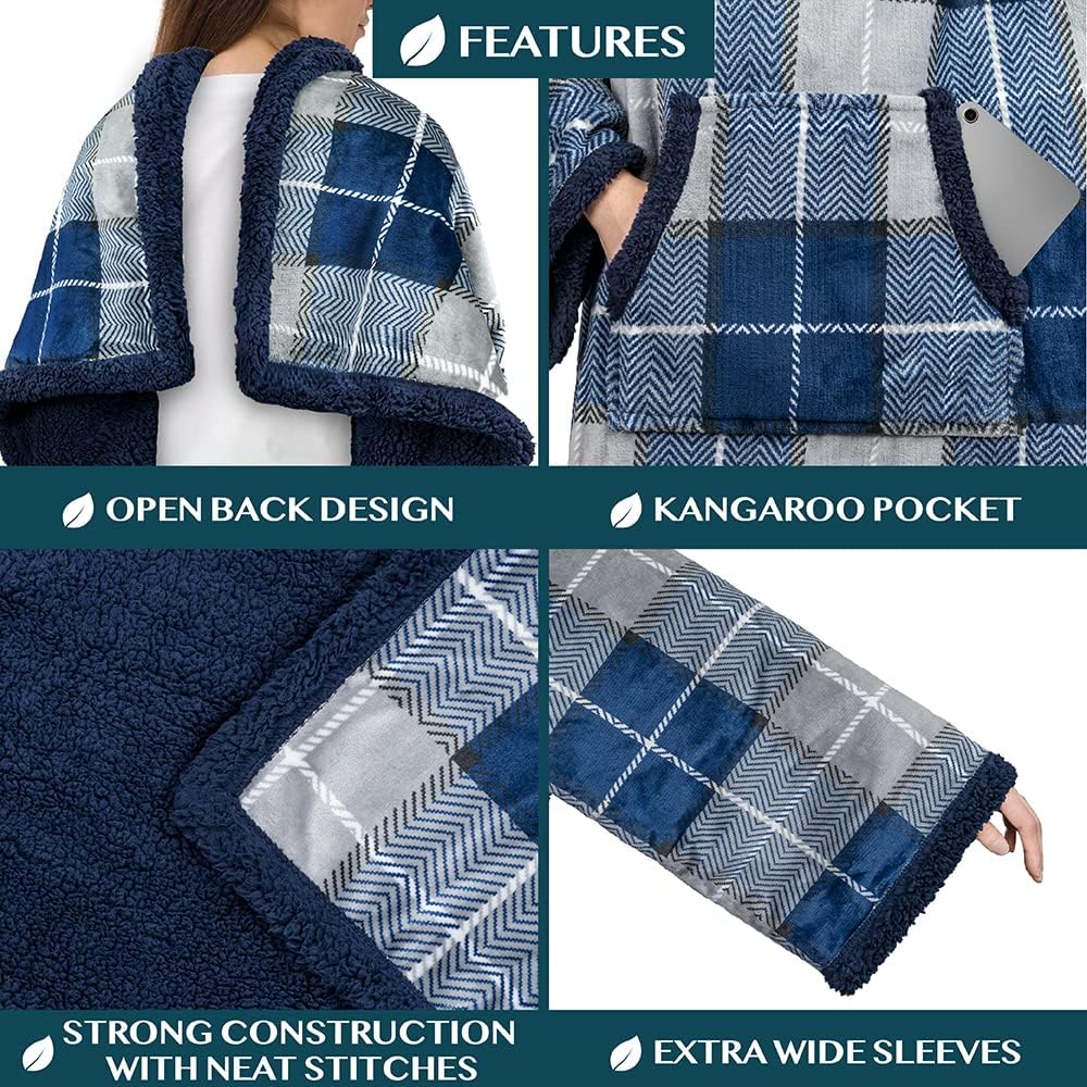 PAVILIA Sherpa Wearable Blanket with Sleeves and Pocket, Plush Thick Cozy Body Blanket Wrap for Adult Women Men, Christmas Gift for Wife Mom, Plaid Navy Blue - Image 3