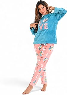 بيجامة شتوي حريمي قطيفة ناعمة بطبعة مرحة، طاقم تيشرت طويل وبنطلون مريح بخصر مرن، مثالية للنوم والدفا في ليالي البرد