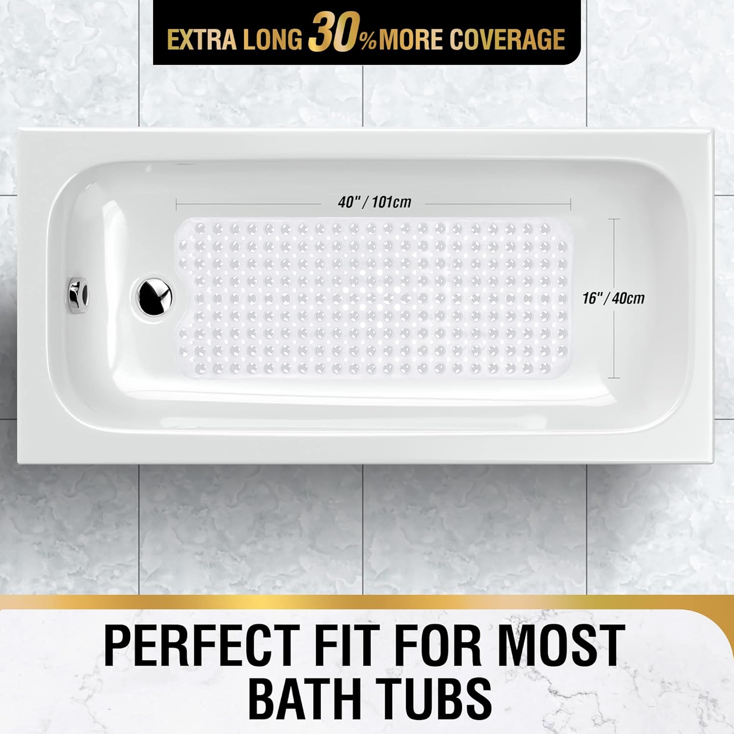 Diagram showing the dimensions of the 40x16 inch bath mat in a bathtub