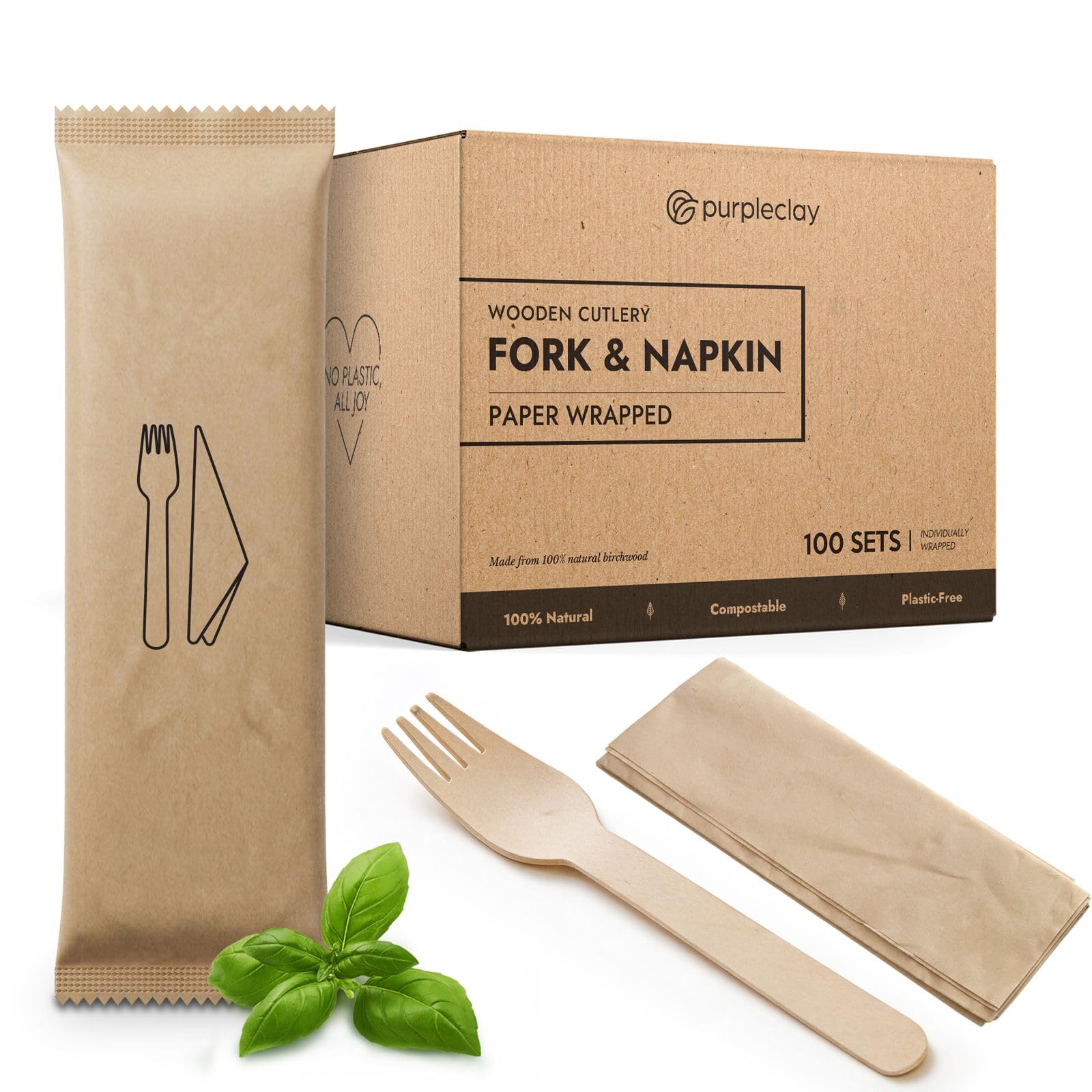 PURPLECLAY Wrapped Wooden Fork and Napkin Sets, 100 Sets, Individually Wrapped Disposable Cutlery, UV Sanitized FSC Certified Birchwood, Plastic Free Eco Friendly for Take Out, Catering, Food Trucks