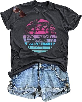 Hawaiian Shirts for Women Palm Trees Beach Graphic Tee Tops Summer Vacation Short Sleeve Tshirt Tops