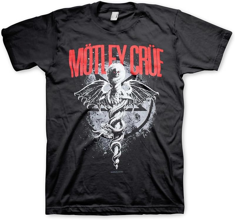 2Bhip Motley Crue Dr Feelgood Caduceus Rock Graphic T Shirt Black | Officially Licensed Motley Crue Merch, Cotton Crewneck Tee, Unisex Men Women, Short Sleeve, 80s Metal Band Dr Feelgood