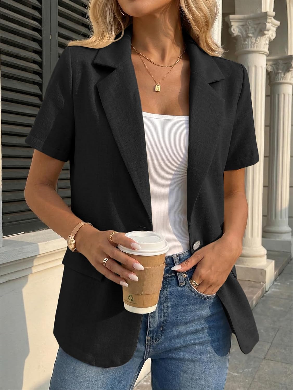 Mina Self 2026 Spring Women's Short Sleeve Blazer Jacket - Stretch Full-Lined One Button Lightweight Casual Work Pockets