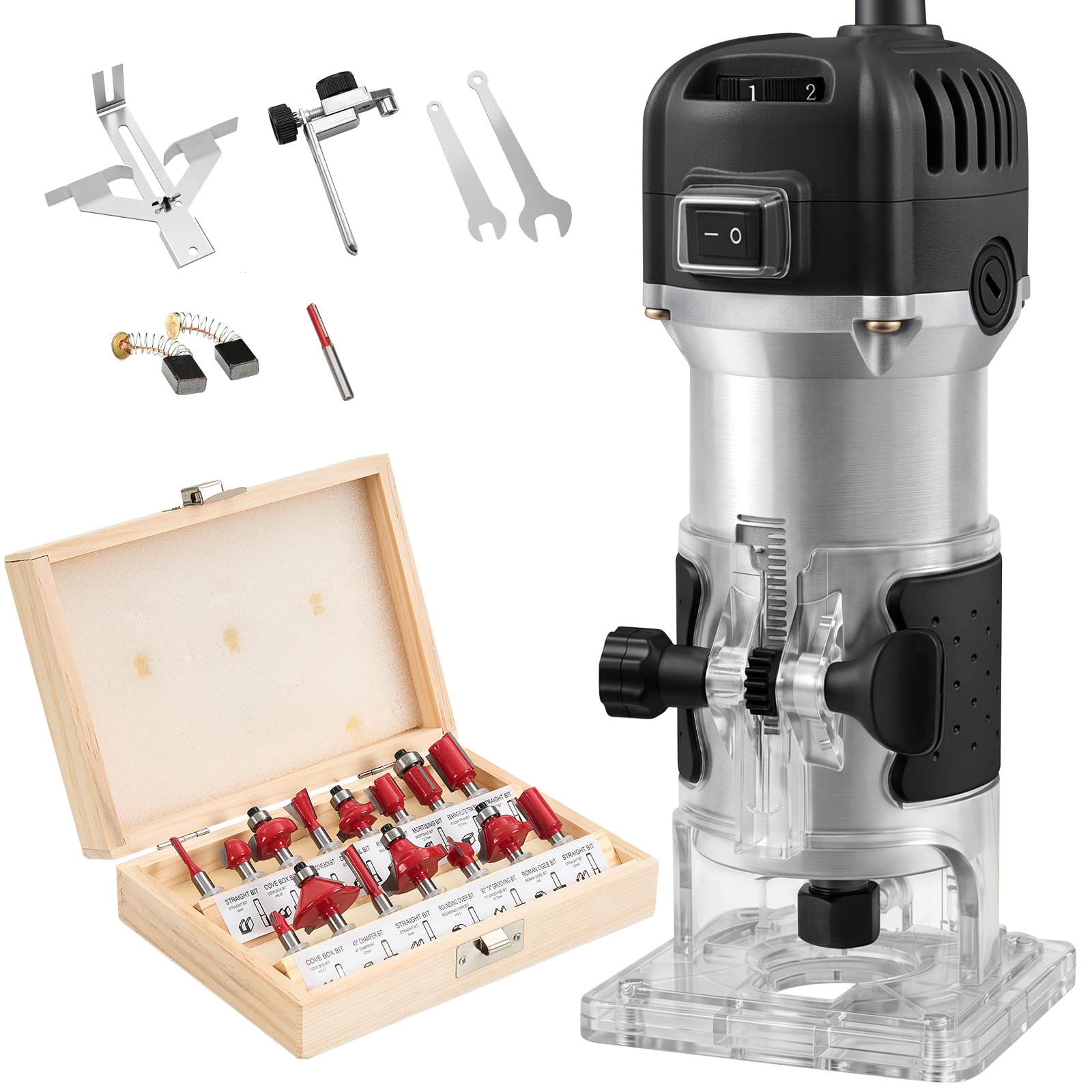 Electric Palm Router Tool 800W, Variable 6 Speeds Trim Router Max 33000R/MIN, Wood Router with Transparent Base, Hand Wood Routers with 15pcs Router Bit Set for Handwork and DIY, Black