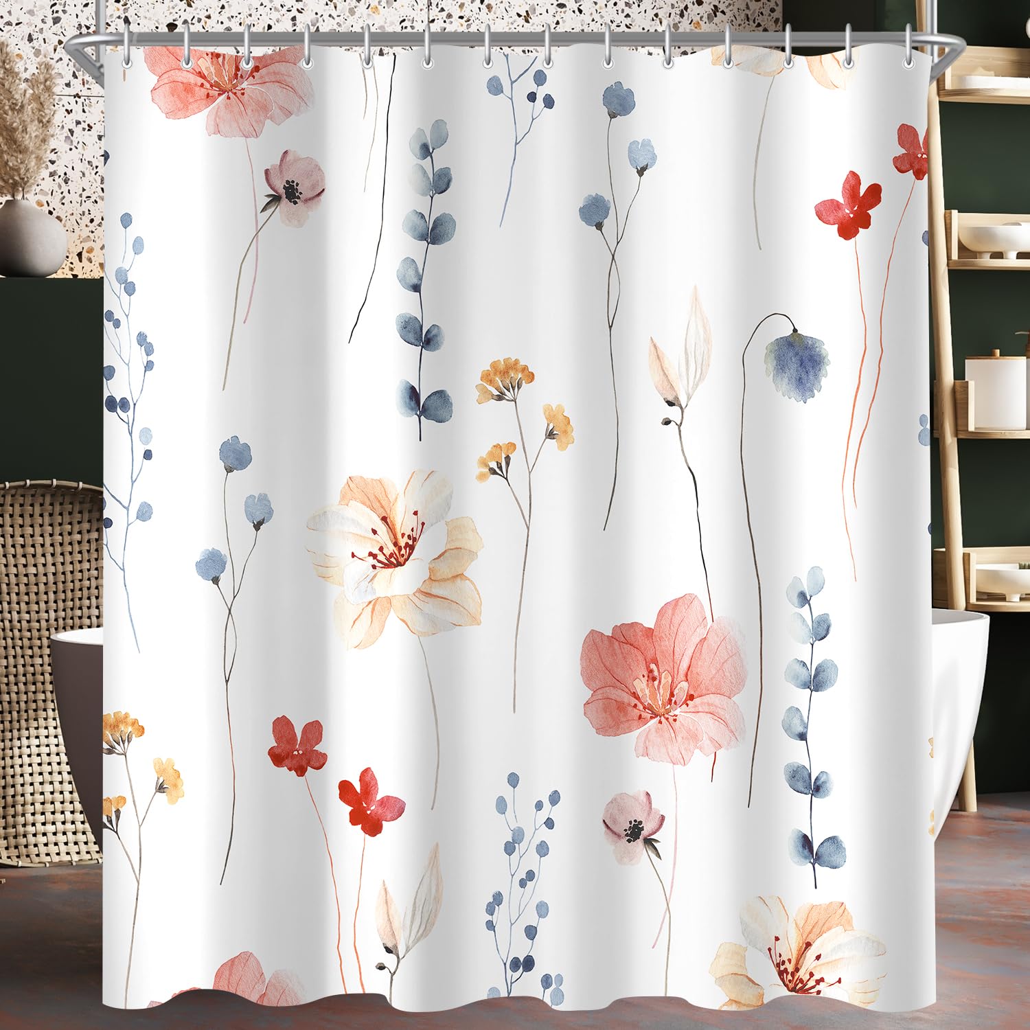 Lerores Shower Curtain, 120 x 200 cm, Coral Flower, Weighted Hem, Anti-Mould, Water-Repellent