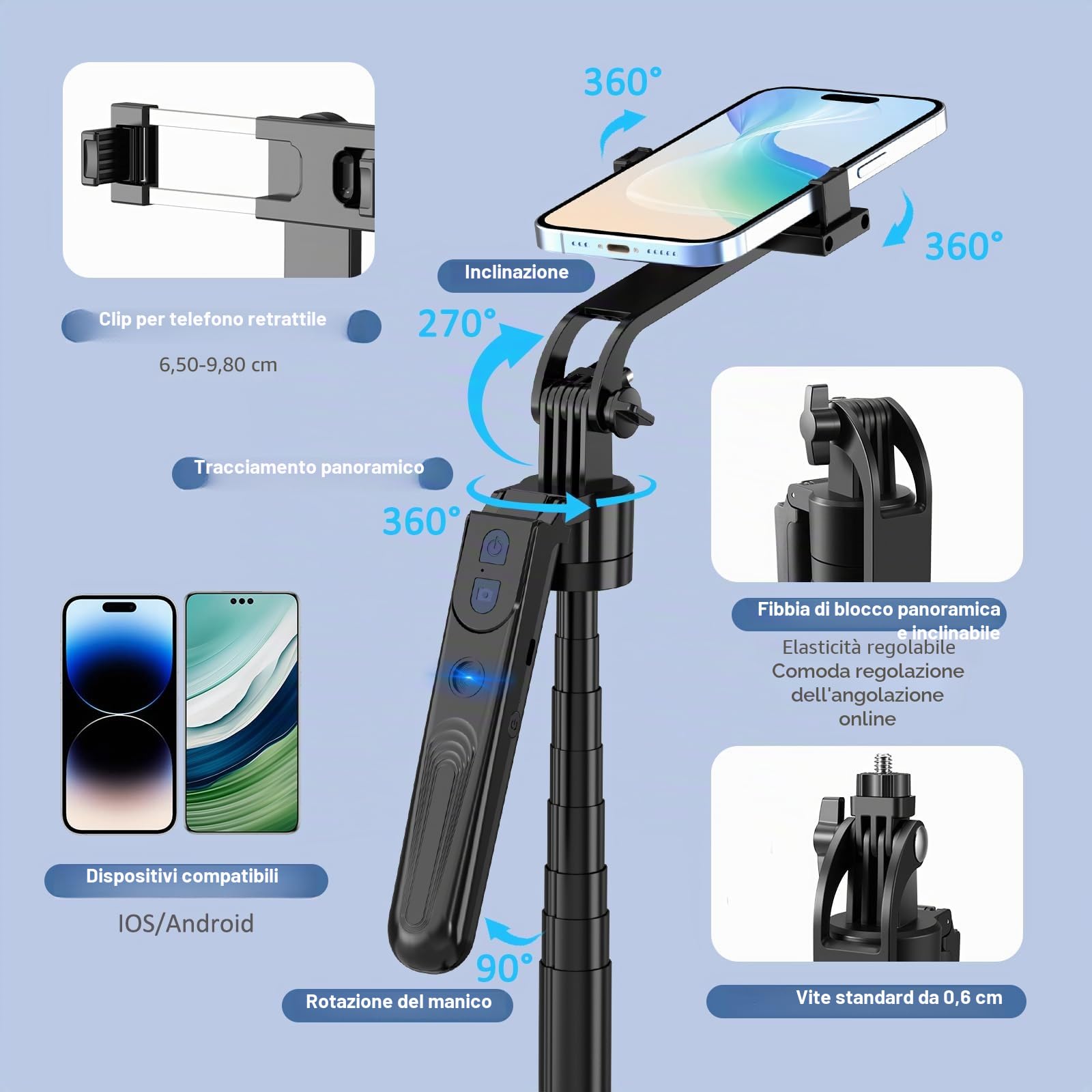 Automatico Volto Rilevamento Treppiede con Luce,180cm Bastone Selfie,360° Rotazione Treppiede per Telefono con Sensore di Movimento,Supporto per Telefono con iPhone e Android per viaggi,/vlog/stream
