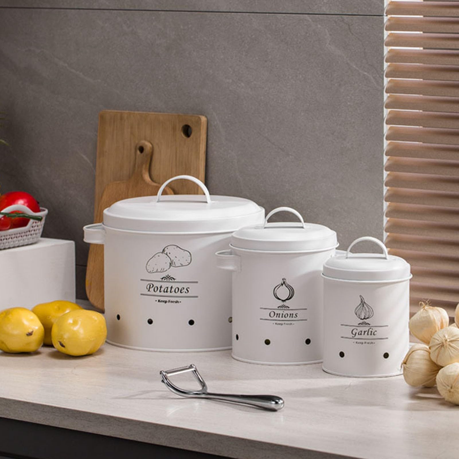 3-teiliges Küchenbehälter-Set aus Karbonstahl, versiegelte Vetable-Sto-Dosen für Kartoffeln und Knoblauch, Lebensmittelbehälter für Arbeitsplatte, Nizat