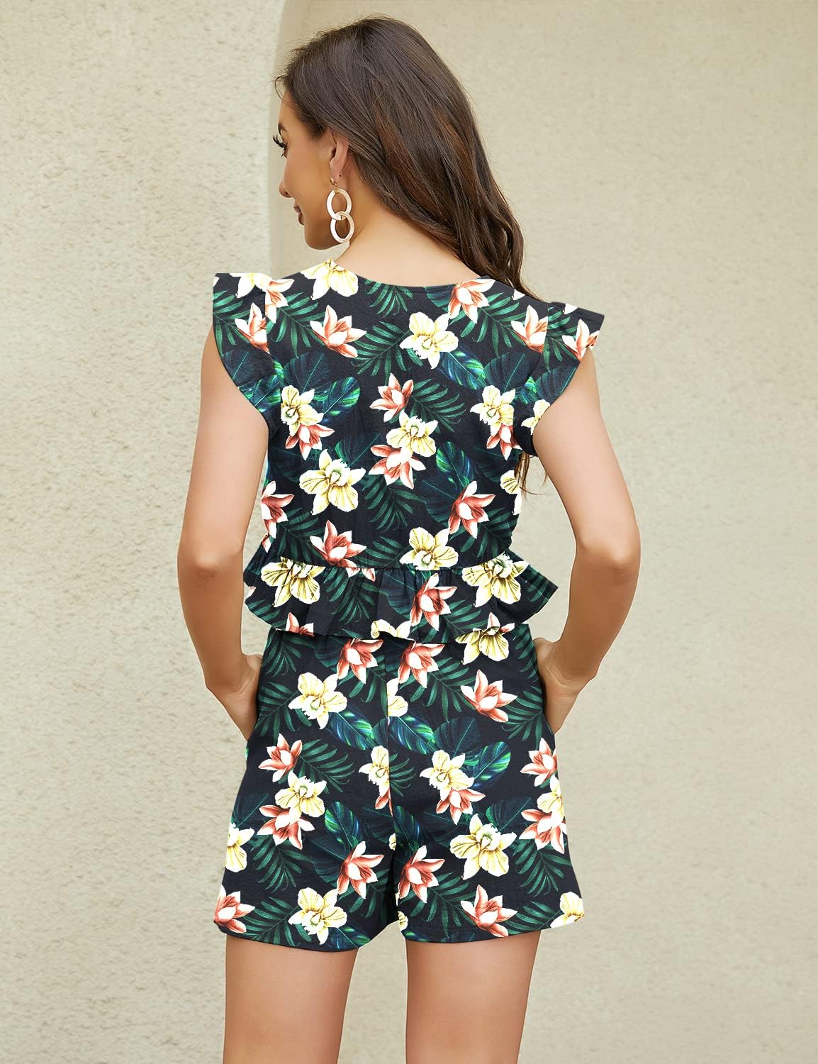 FANCYINN Womens Two Pieces Vacation Outfits Deep V Neck Ruffles Crop Top Drawstring Shorts Set - Image 3