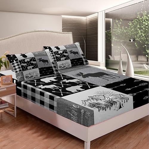 Miniatura 2 de Juego de sábanas de caza con ciervos y campistas, juego de ropa de cama de retazos de aventura a cuadros, sábana bajera ajustable de oso de vida