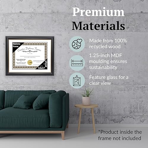 Vista 213 de Creative Picture Frames Marco para diploma Rockefeller de 9 x 12 pulgadas, color negro con borde dorado, muestra un certificado de 9 x 12 pulgadas