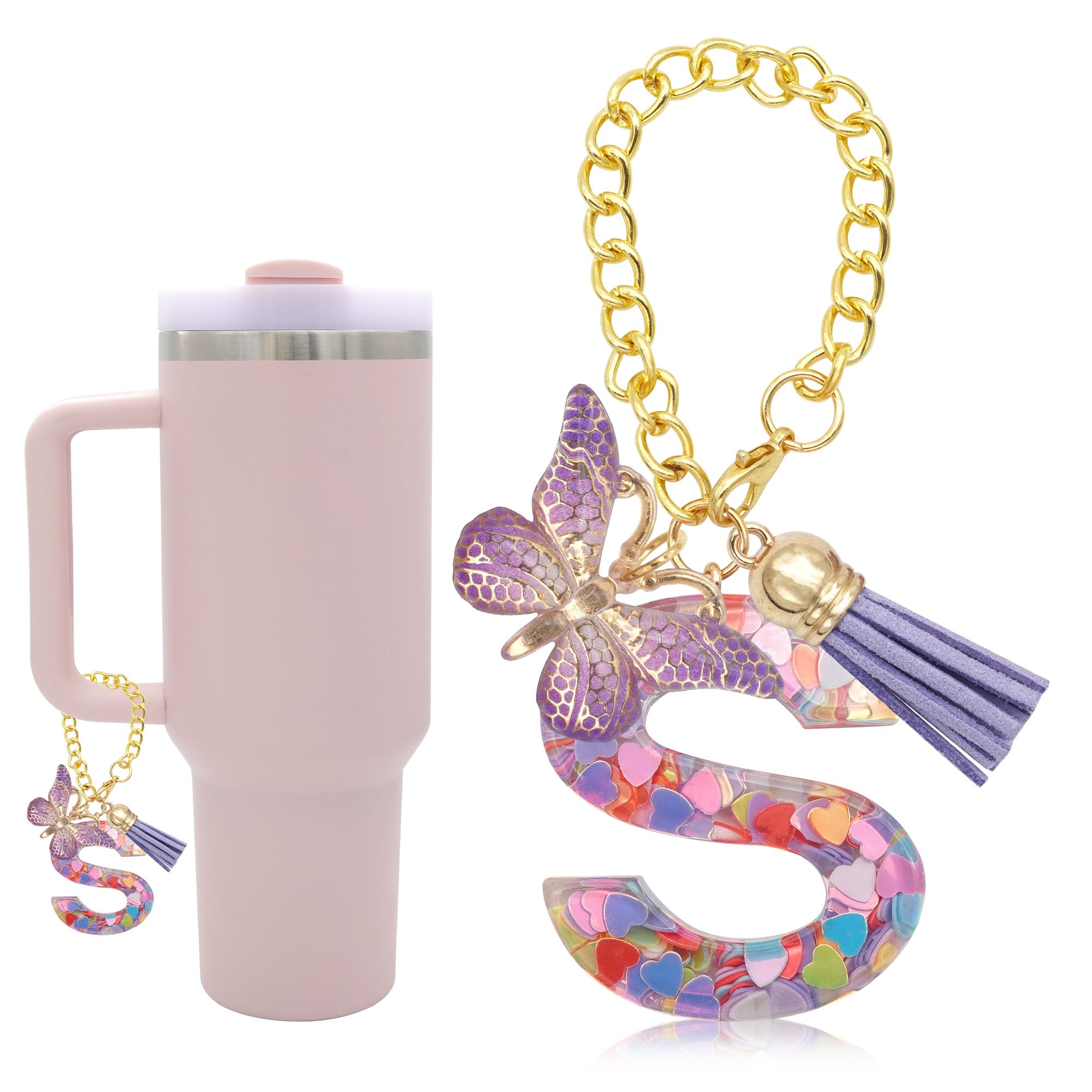 Starrytools Letter Charm Accessories for Stanley Cup with Handle, Cute Initial Letter Charms with Butterfly Tassel (S-Purple)