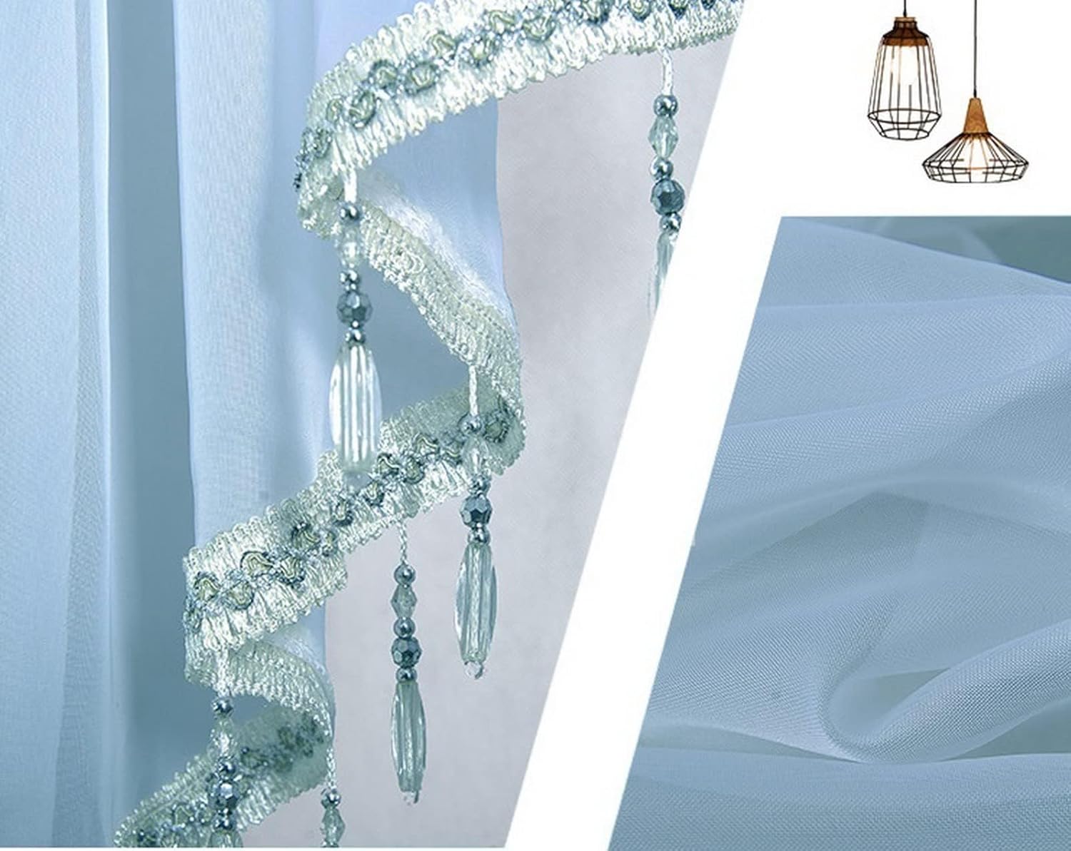 Short Curtain for Small Window Solid Blue Sheer Voile Triangle Shape Valance with Pendant Tassel Window Treatment Valance Window Panel Drapes Half Curtain