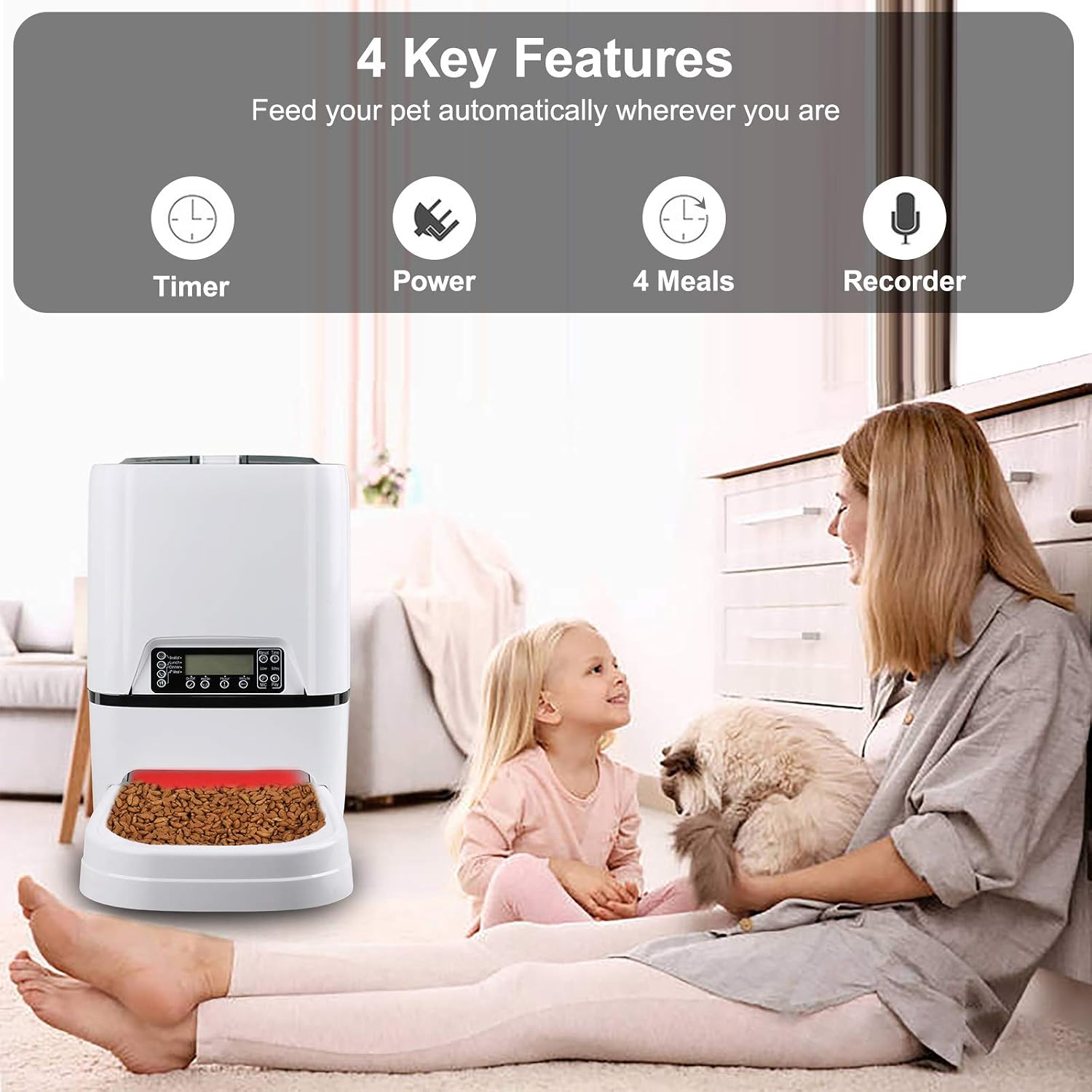 Automatic Cat Feeder Timed Programmable Auto Pet Dog Feeder Food Dispenser for Kitten Puppy | Dry Portion Control Up to 4 Meals/Day,Voice Recording,Battery and Plug-in Power