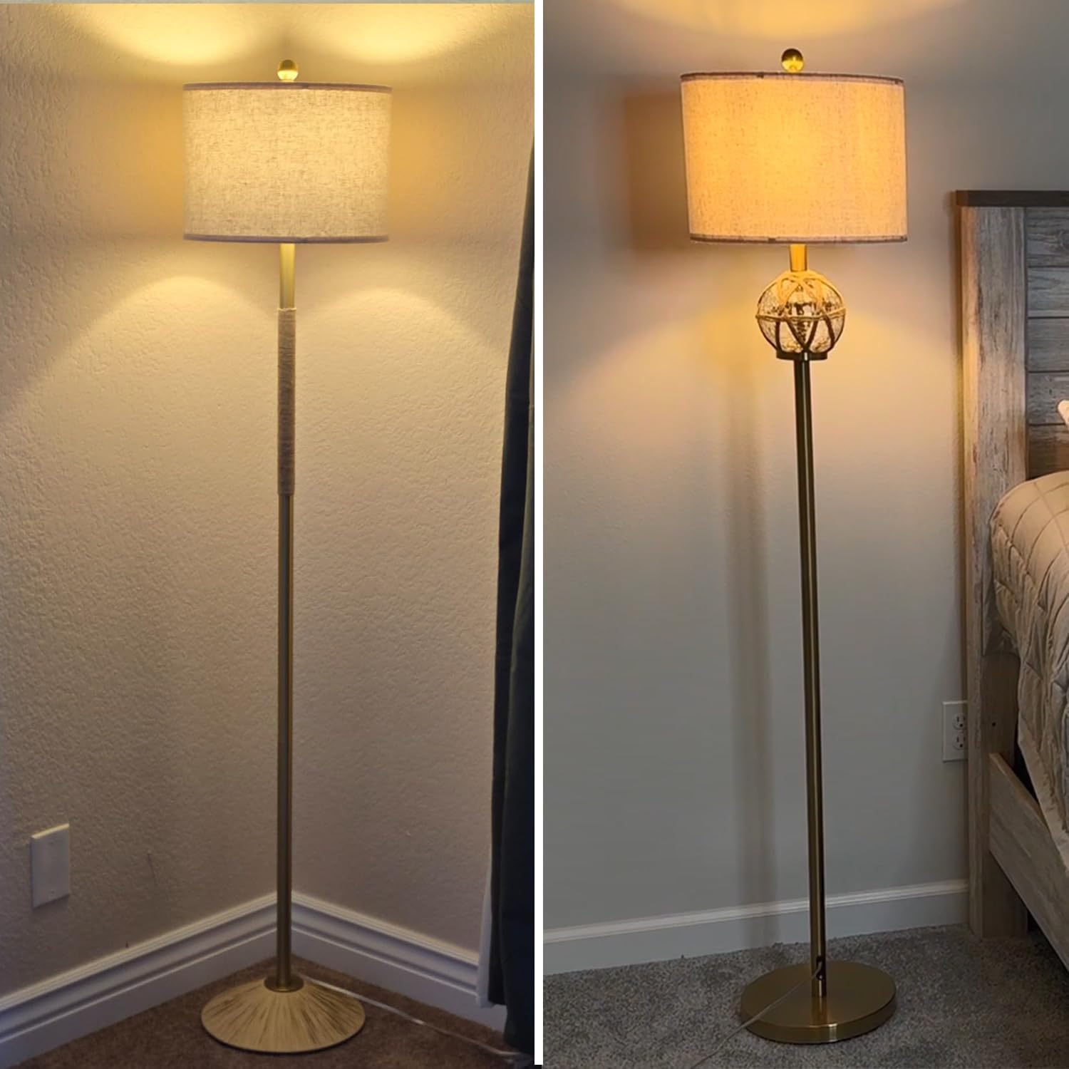 Oneach 61.5" Modern Floor Lamp for Living Room, Gold Boho Standing Lamp with Rattan Glass Design, Rotary Switch, Farmhouse Tall Lamps for Bedroom Office Dining Room (Without Bulb)