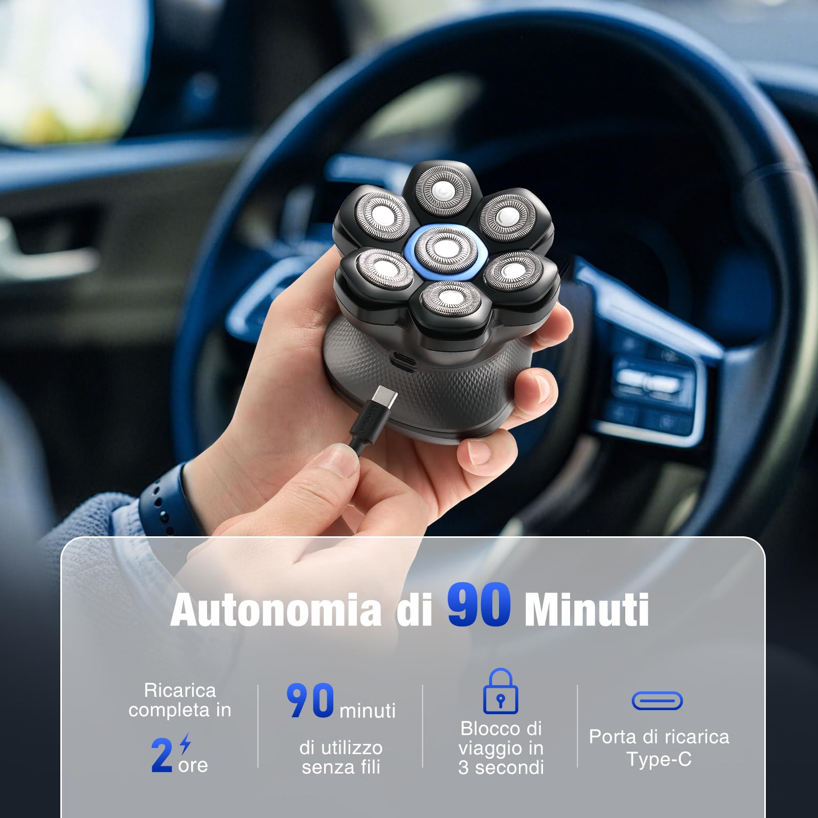 kensen Rasoio Testa Calva Uomo Zero Assoluto 2 Velocità 7D Rasoio Capelli Uomo 0 mm Impermeabile Cordless 100 Minuti di Autonomia Rasoio Elettrico Testa Calva Uomo con Display LED & USB-C Nero