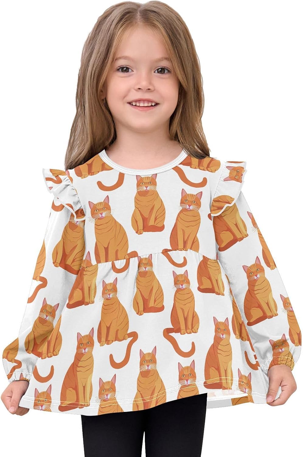visesunny Toddler Clothes for Girls Tabby Orange Cat Long Sleeve Fall Shirts Cotton Top with Ruffle Collar