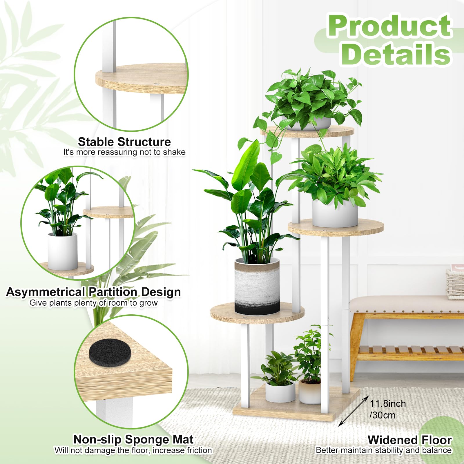 4 Tier Hölzern Blumenregal Metall Pflanzenregal, Mehrstöckig Blumenständer Pflanzenständer Blumenbank Blumentreppe Pflanzentreppe Standregal für Innen Außen Balkon Deko (Rund Weiß Eiche)