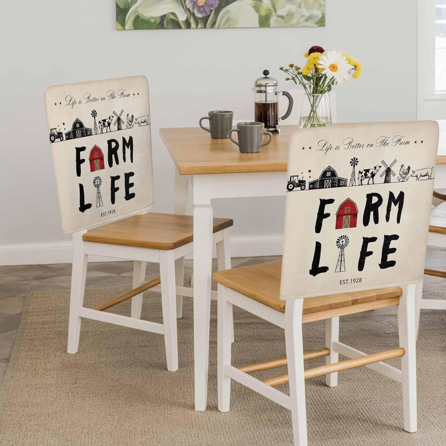 Chair Back Covers Set of 6, Country Cabin Washable Removable Chair Covers for Dining Room, Vintage Farmhouse Barn Chicken Pig Cow Decorative Dining Chair Slipcover for Kitchen, Home, Hotel, 20x19 Inch