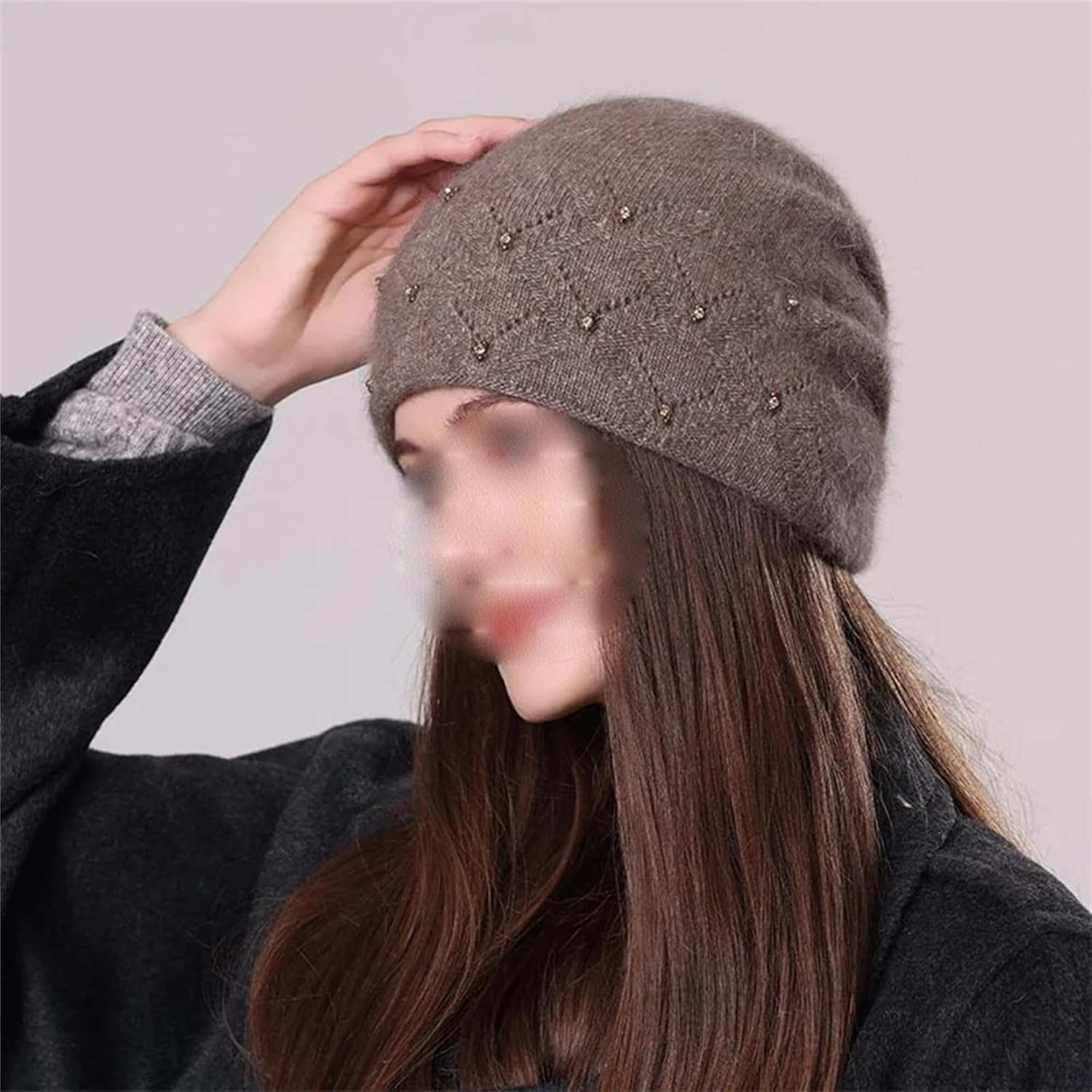 Women's Winter Thicken Warm Rhinestones Knit Beanie Girl's Solid Color Double Layer Cold Weather Hat Outdoor Snow Ski Caps