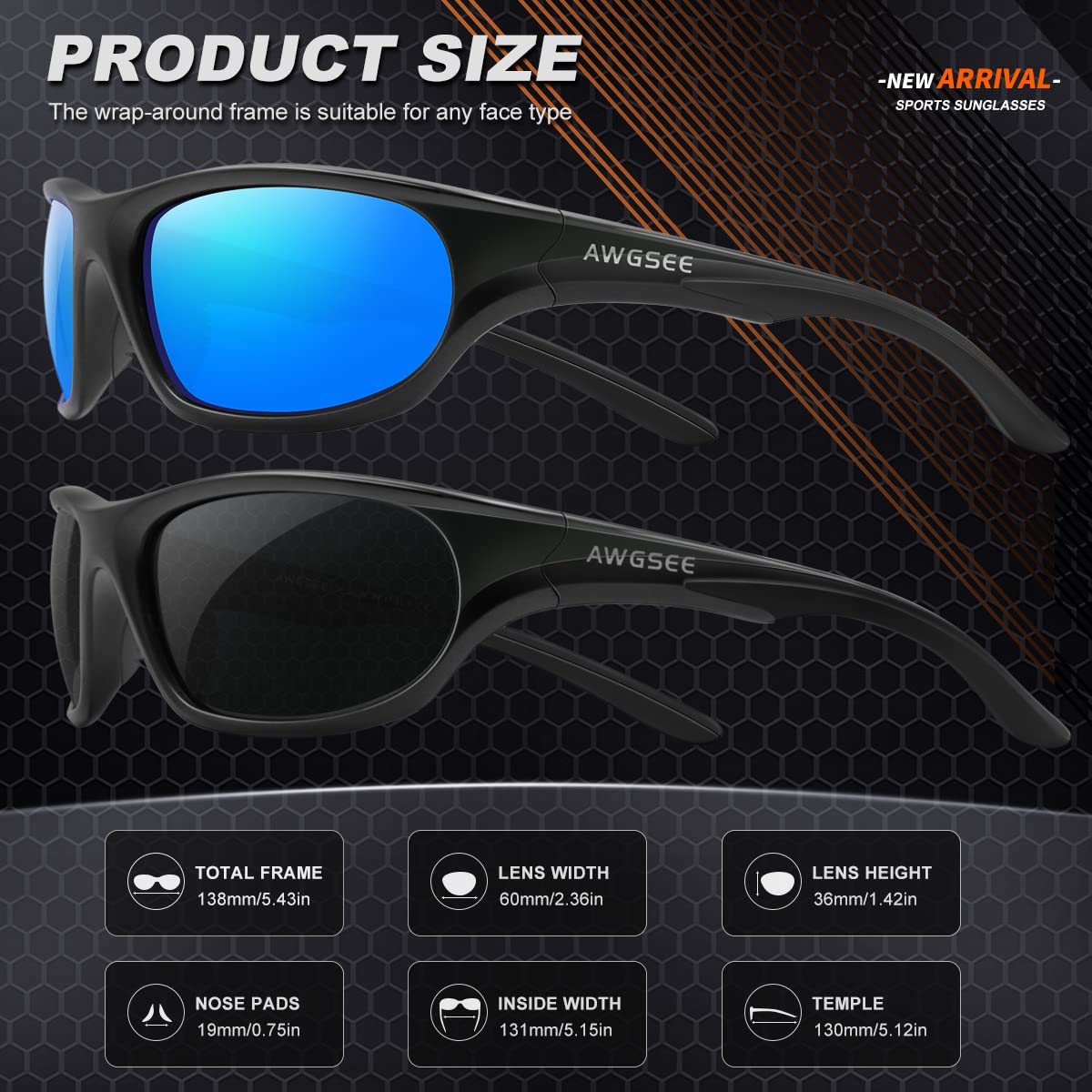 Polarisierte Sport-Sonnenbrille für Herren, Radfahren, Fahren, Angeln, TR90, unzerbrechlicher Rahmen, 100 % UV-Schutz, 2 Stück, Schwarz + Hellblau, Größe M, 2er-Pack, Schwarz + Hellblau, M