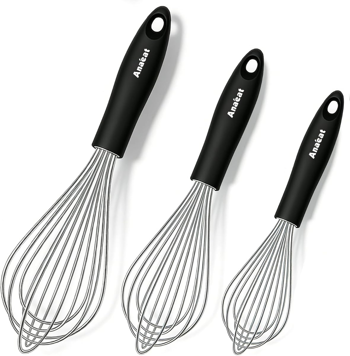 3 Packs Stainless Steel Whisk Set - Balloon Whisk, Anaeat Thick Stainless Steel Wire ＆ Strong Handles, Egg Beater for Cooking, Blending, Whisking, Beating and Stirring (9"+11"+12")
