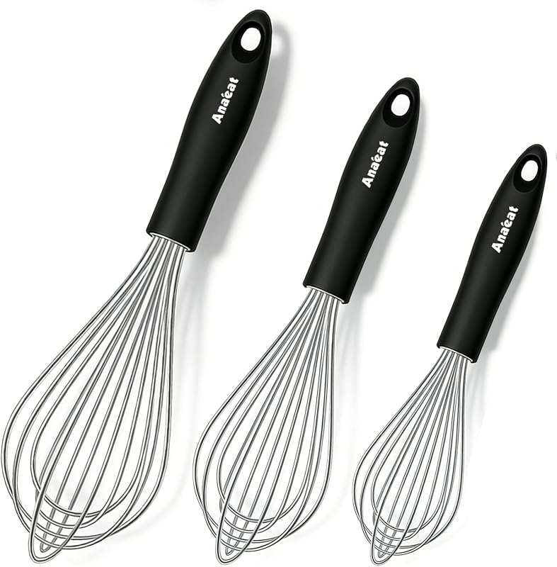 3 Packs Stainless Steel Whisk Set - Balloon Whisk, Anaeat Thick Stainless Steel Wire ＆ Strong Handles, Egg Beater for Cooking, Blending, Whisking, Beating and Stirring (9"+11"+12")